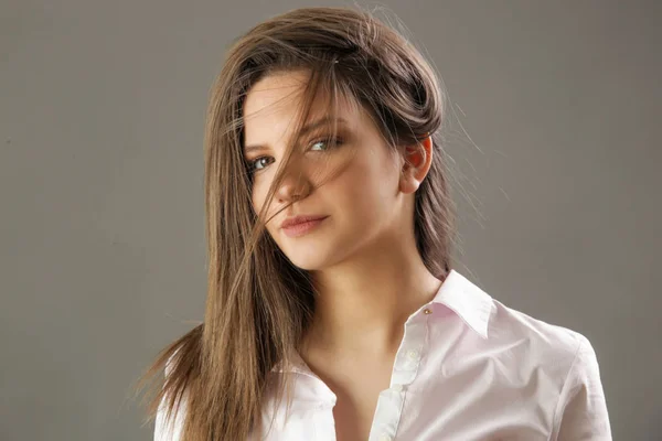 Beauty Portrait Young Brunette Classic White Shirt Studio Shot Young — Stock Photo, Image