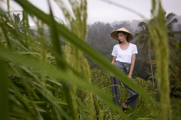 Žena Nosí Tradicel Bambusový Klobouk Terase Rýžového Pole — Stock fotografie