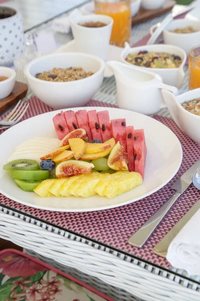Фруктовое Блюдо Крупы Завтрак Здоровый Сырой Органический Вариант Завтрака — стоковое фото