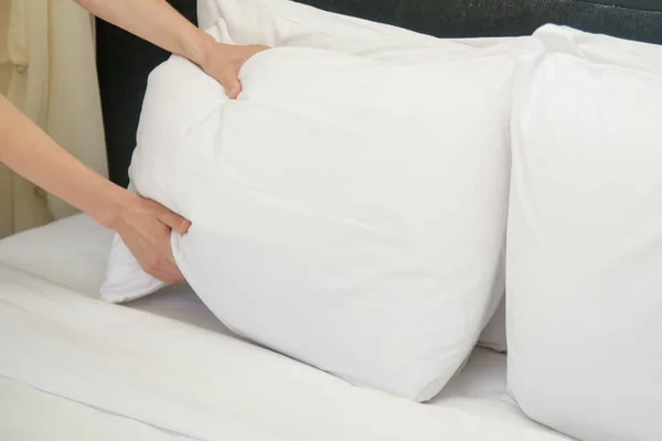 Hotel Room Service Hands Set White Pillow Bed — Stock Photo, Image