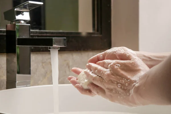 Higiene Limpiar Las Manos Con Agua Jabón Lavarse Las Manos — Foto de Stock