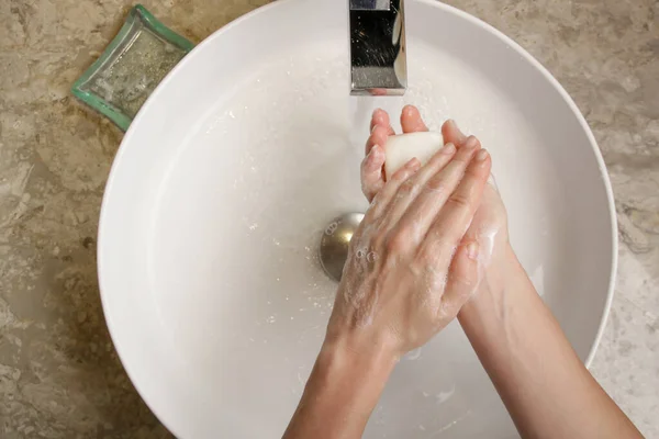 Higiene Limpiar Las Manos Con Agua Jabón Lavarse Las Manos — Foto de Stock