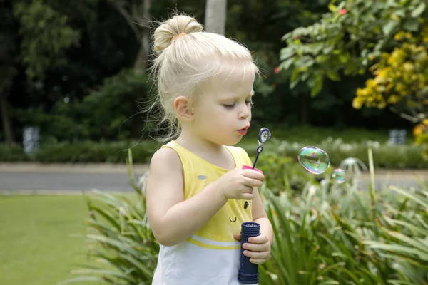 Menina Pequena Feliz Soprando Bolhas Sabão Parque — Fotografia de Stock