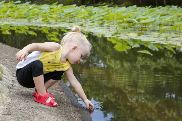 Barn Leker Parken Bredvid Sjön Två Gammal Flicka Tillbringar Tid — Stockfoto