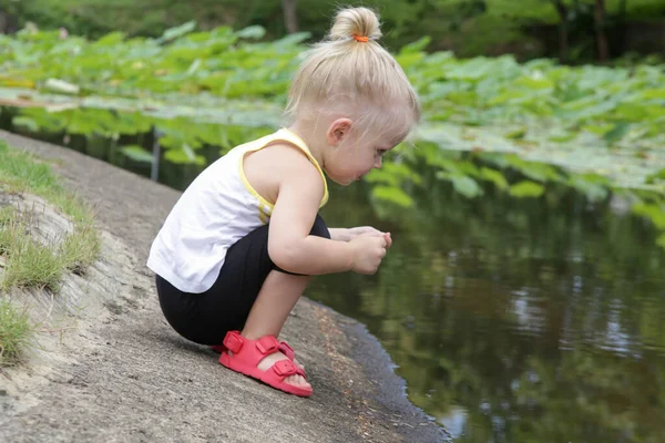 Criança Brincando Parque Lado Lago Dois Anos Idade Menina Passar — Fotografia de Stock