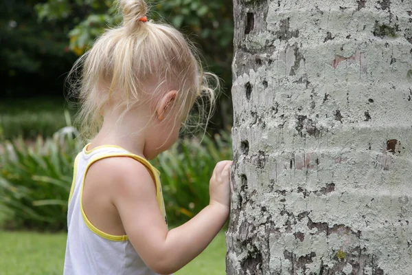 Retrato Adorável Menina Brincando Esconde Esconde Parque Escondendo Atrás Uma — Fotografia de Stock