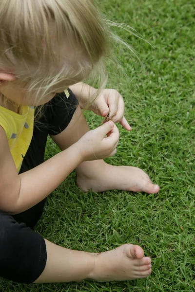 Lycklig Liten Flicka Njuter Sommardag Ängen Två Gammal Flicka Tillbringar — Stockfoto