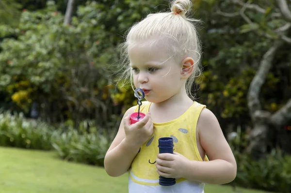 Menina Pequena Feliz Soprando Bolhas Sabão Parque — Fotografia de Stock