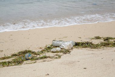 Kumsaldaki plastik çöpler. Plastik kirliliği kavramı. Tek kullanımlık plastik gezegenimizi yok eden ve sularımızı, deniz yaşamlarımızı ve insanlarımızı etkileyen bir insan bağımlılığıdır..