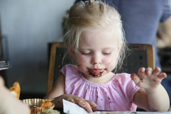 Candid Portrait Toddler Girl Eating Chocolate Cake Happy Childhood Concept — Stock Photo, Image