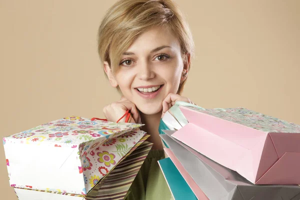 Portrait Happy Smiling Woman Holding Lot Shopping Bags Stock Photo