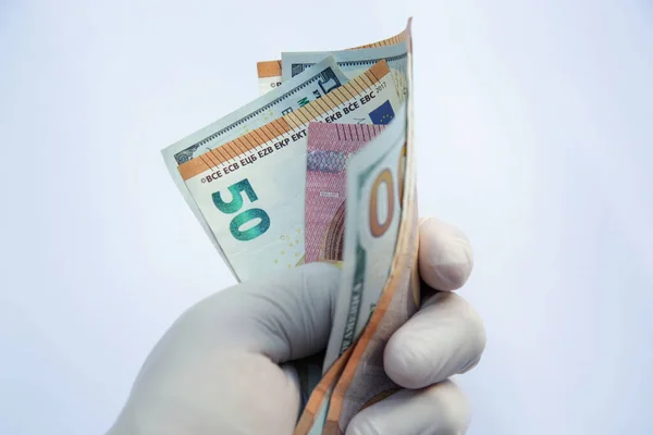 Hands Protected Rubber Gloves Holding Paper Banknotes — Stock Photo, Image