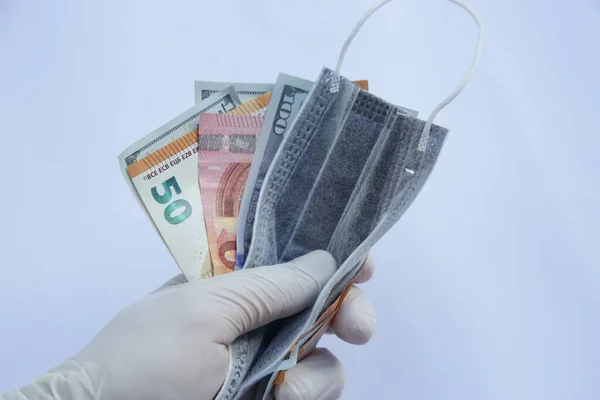Emerging Coronavirus Economy Concept Disposable Medical Masks Banknotes — Stock Photo, Image