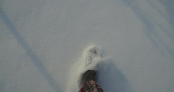 Zima Człowiek Gumowych Butach Chodzi Nietkniętym Świeżym Śniegu Widok Góry Klip Wideo