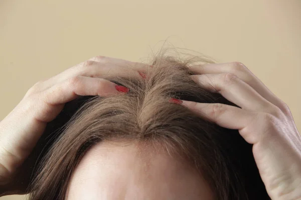 Close View Woman Applaying Natural Dry Shampoo Hair Roots Brunette Stock Image