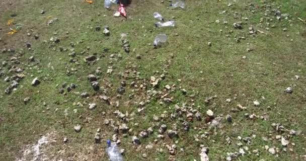 Mujer Joven Recogiendo Residuos Plástico Pradera Con Hija Pequeña Recoger Videoclip