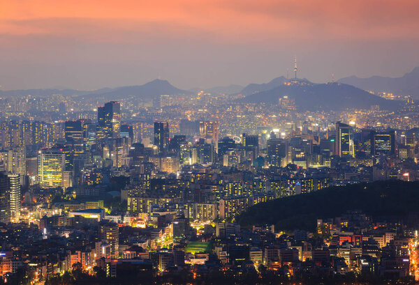 Korea city Skyline and N Seoul Tower in Seoul in Misty day, Sout