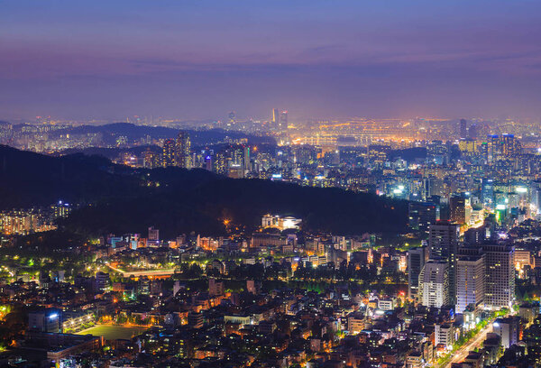 Seoul city and Han river, Downtown skyline in Misty day, South K