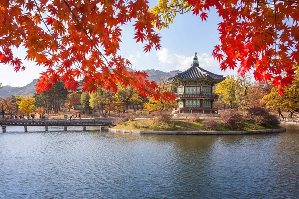 Gyeongbokgung palace i höst med oskärpa lönn i förgrunden, Se — Stockfoto