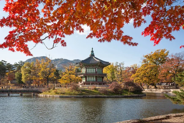 Gyeongbokgung palace i höst med oskärpa lönn i förgrunden, Se — Stockfoto