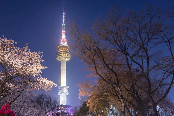 Seoul Tower i Seoul City ved natteutsikt om våren med kirsebærbl – stockfoto