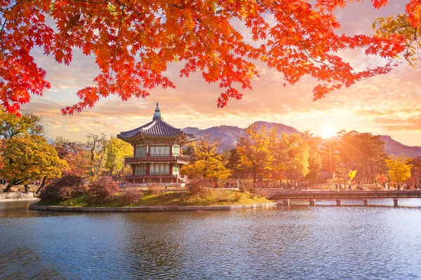 Alberi d'acero con un lago a palazzo gyeongbokgung, Seoul, South Ko — Foto Stock