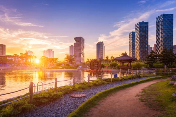 Seoul Città Con Bel Tramonto Central Park Songdo International Business — Foto Stock