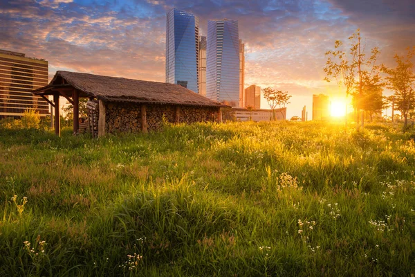 Ciudad de Seúl con Hermosa puesta de sol, Parque Central en Songdo Inte — Foto de Stock