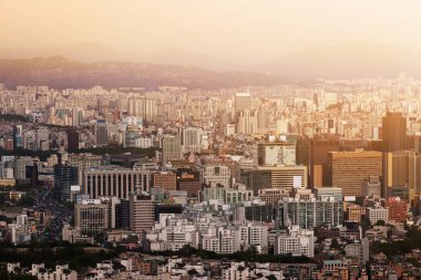 Havadan görünümü cityscape Sunset'teki, şehir Seul, seyahat kavramı, Seouth Kore.