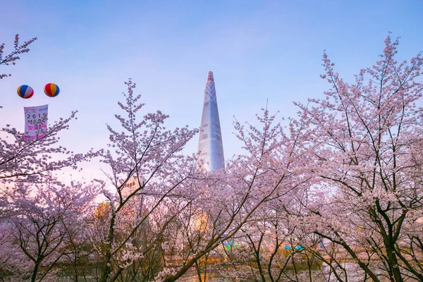 ソウル 2019年4月7日 春にはソウル湖公園と桜とロッテワールドタワー ソウル — ストック写真