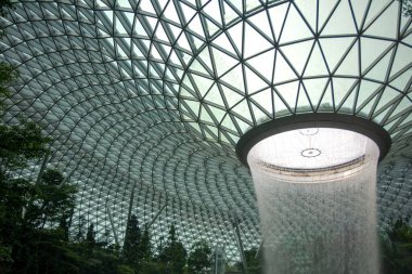 SINGAPORE, January 25, 2019 : The Rain Vortex, a 40m-tall indoor waterfall located inside for tourist in the Jewel Changi Airport in Singapore.  Jewel Changi Airport is set to open on April 17, 2019.