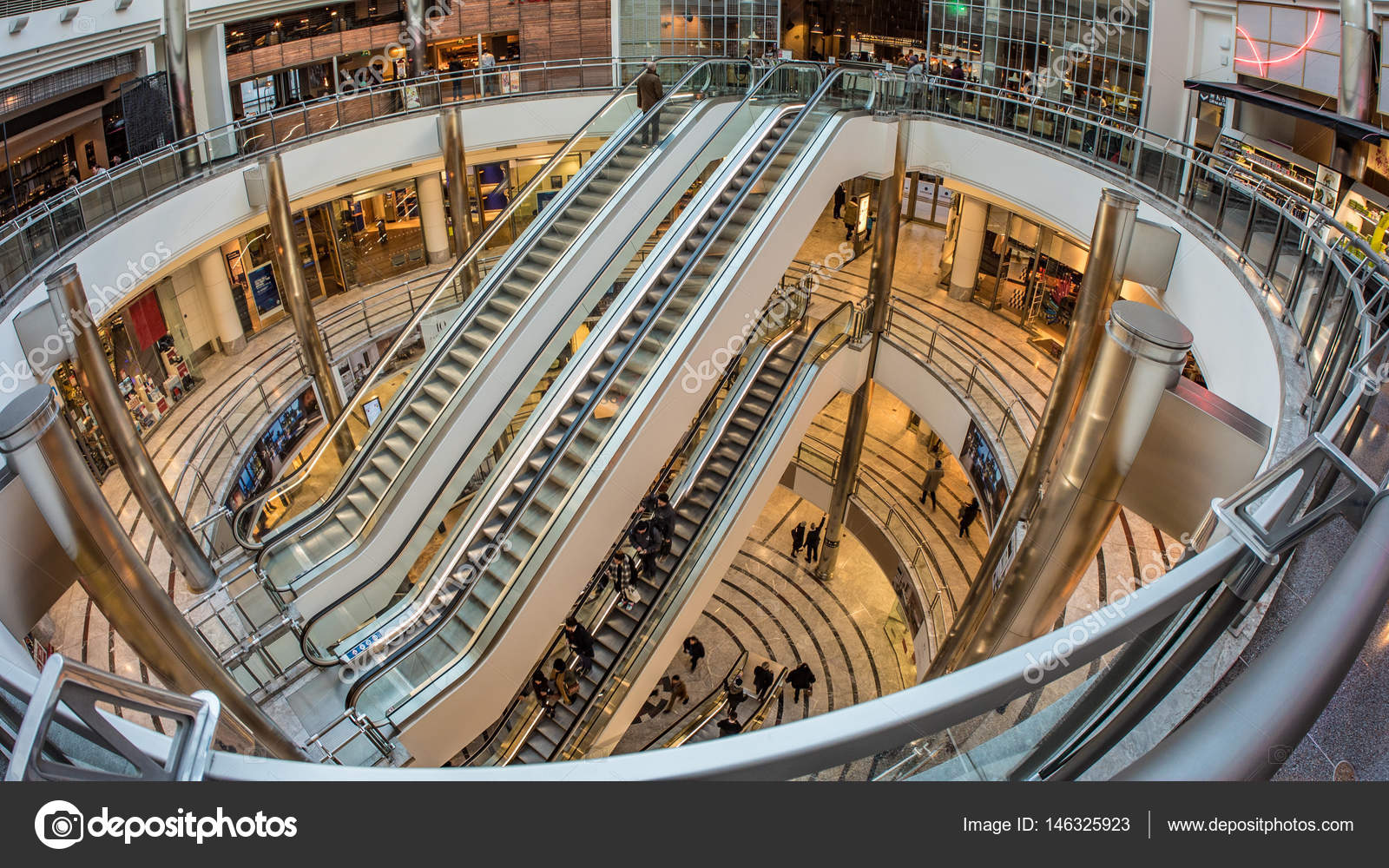 Fish Eye View Of Escalators In A Shopping Centre In Canary Wharf London Stock Editorial Photo C Justin Time 146325923