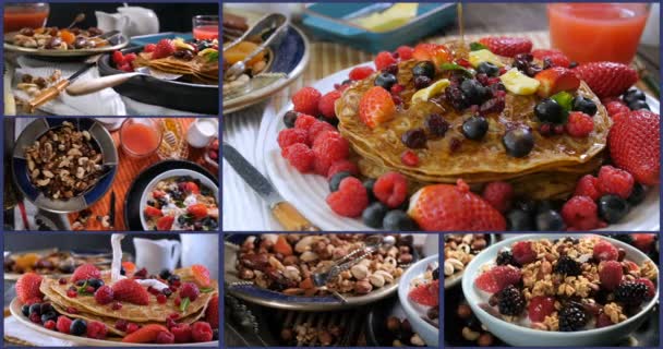 Collage de vistas de un desayuno de panqueques con bayas y frutos secos — Vídeos de Stock