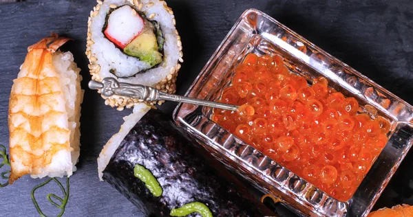 Top down close up  view of an assortment of Japanese food: sushi, nigiri, sashimi — Stock Photo, Image