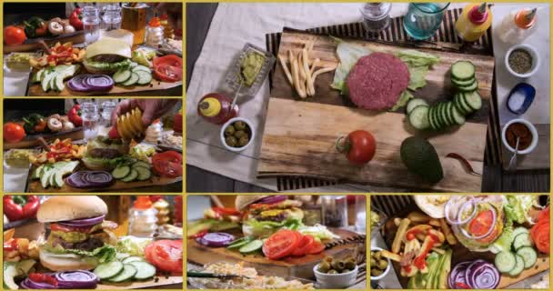 Collage von Ansichten eines Cheeseburgers mit Pommes und Bier — Stockvideo