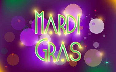 Mor Mardi Gras kutlamaları banner veya tebrik kartı altın ve beyaz konfeti uçan ile bazı odak dışında bulunmaktadır. Vektör çizim. EPS 10. 