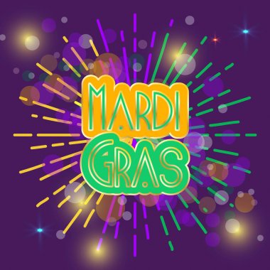 Mardi Gras daire metin designwith soyut. Bokeh, yıldız ve ışıkları mor arka planda. Vektörel Illustrator. EPS 10 