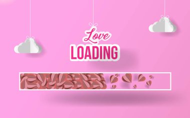 Kağıt Sanat aşk doku kağıt origami bulutlu şeker pembe arka planda yükleme. vektör çizim. EPS 10