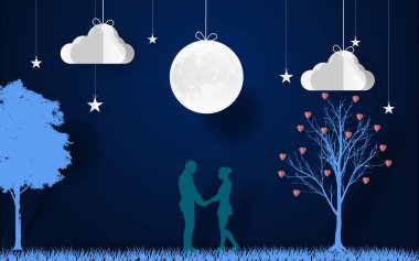 Kağıt Sanat. sevenler gece moon ile elele. romantik Filistinliyi sevgi ağacı, yıldız, bulutlar ve ay ile. Sevgililer günü. Vektör çizim.