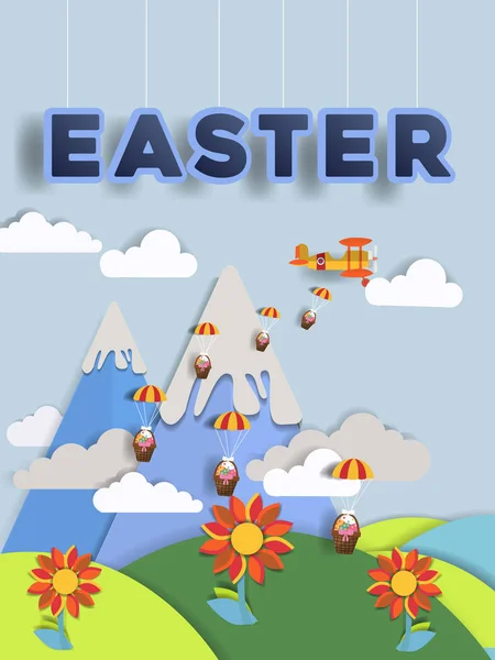 Feliz Dia Páscoa Easter Paper Art Design Inglês Avião Voando — Vetor de Stock