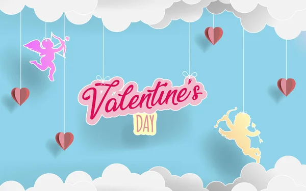 Paper Art Alentine Day Love Angels Flying Origami Paper Clouds — Stock Vector