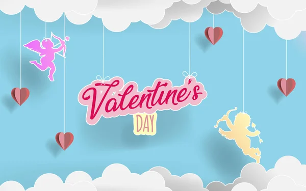 Tag Der Papierkunst Alentine Liebesengel Fliegen Zwischen Origami Papierwolken Und — Stockvektor