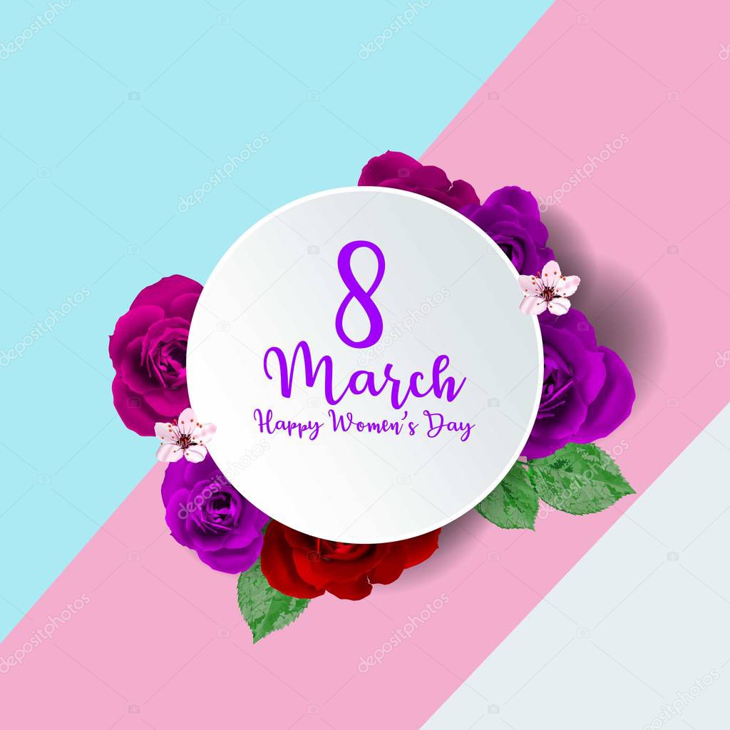 8 march modern background design with flowers. Happy women's day stylish greeting card with cherry blossoms.