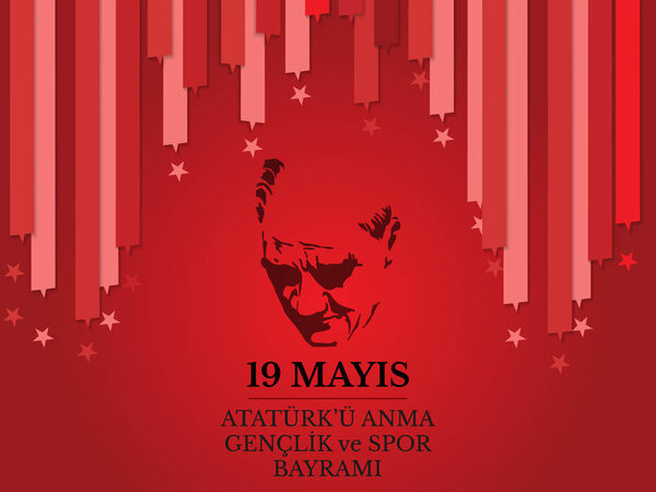 vector illustration 19 mayis Ataturk'u Anma, Genclik ve Spor Bayramiz , translation: 19 may Commemoration of Ataturk, Youth and Sports Day, graphic design to the Turkish holiday, children logo.