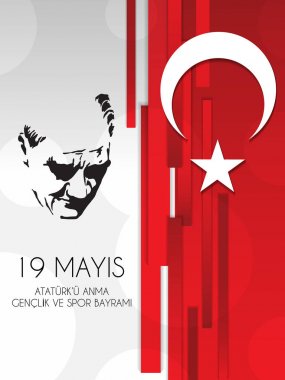 vektör çizim 19 Mayıs Ataturk'u Anma, Genclik ve Spor Bayramiz, Çeviri: 19 Mayıs Atatürk ü anma, gençlik ve Spor Bayramı, tatil, çocuk logosu için grafik tasarım.