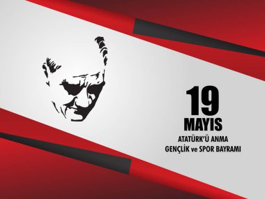 vector illustration 19 mayis Ataturk'u Anma, Genclik ve Spor Bayramiz , translation: 19 may Commemoration of Ataturk, Youth and Sports Day, graphic design to the Turkish holiday, children logo. clipart