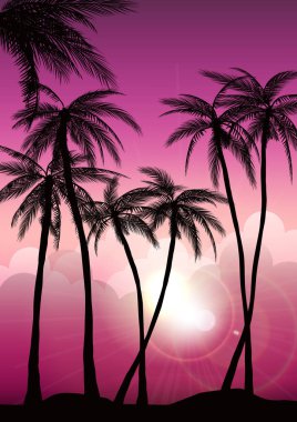 Yaz tropikal arka plan avuç içi, gökyüzü ve gün batımı ile ayarlayın. Yaz afiş poster el ilanı davetiye. Yaz Zamanı.