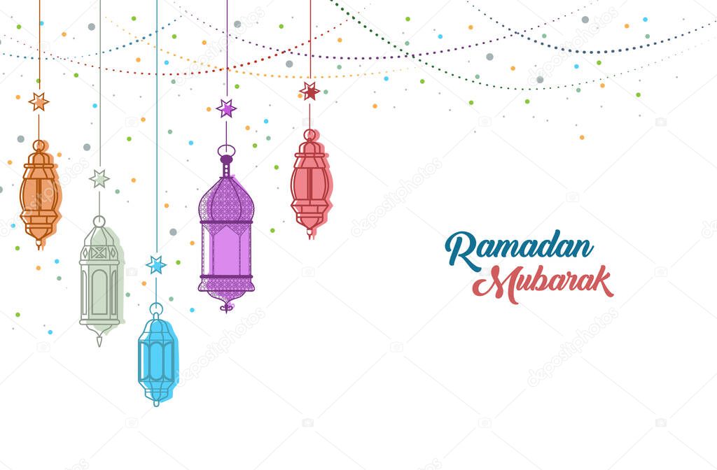 A minimal Ramadan celebration image decorated with oil lamps specific to Islamic culture and containing a crescent unique to Islamic culture. vector illustration. eps 10
