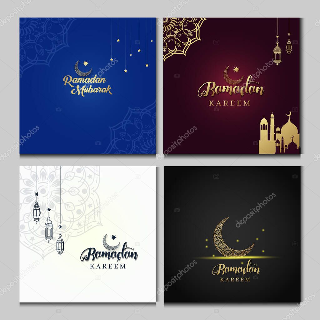 Ramadan Kareem set of designs or invitations design with islamic lanterns, stars and moon on gold and violet background. Vector illustration. Place for text.