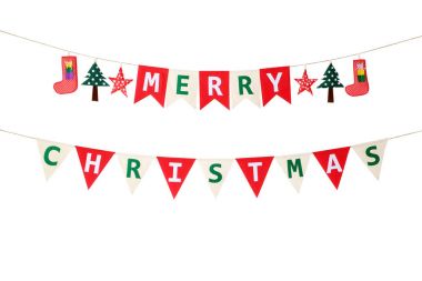 Merry Christmas bayrak beyaz arka plan üzerinde izole kiraz kuşu